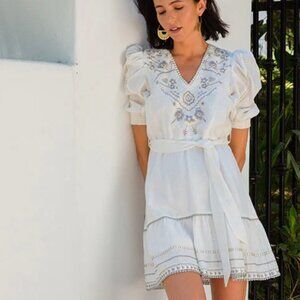 Hale Bob Lorna Embroidered 100% Linen Dress Ivory Size L